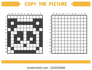 Copy the picture, complete the grid image. Educational worksheets drawing with squares, coloring cell areas. Children's preschool activities. Cartoon vector, pixel art. Panda face illustration.