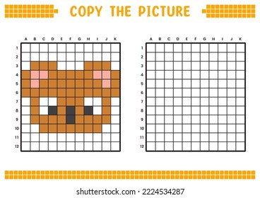 Copy the picture, complete the grid image. Educational worksheets drawing with squares, coloring cell areas. Children's preschool activities. Cartoon vector, pixel art. Brown koala face illustration.
