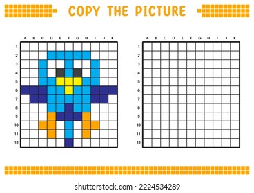 Copy the picture, complete the grid image. Educational worksheets drawing with squares, coloring cell areas. Children's preschool activities. Cartoon vector, pixel art. Blue bird illustration.