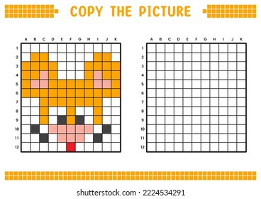 Copy the picture, complete the grid image. Educational worksheets drawing with squares, coloring cell areas. Children's preschool activities. Cartoon vector, pixel art. Mouse face illustration.