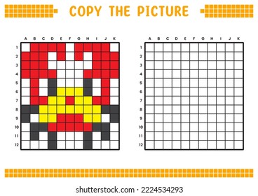 Copy the picture, complete the grid image. Educational worksheets drawing with squares, coloring cell areas. Children's preschool activities. Cartoon vector, pixel art. Crab illustration.