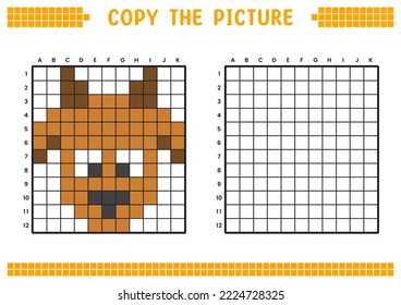 Copy the picture, complete the grid image. Educational worksheets drawing with squares, coloring cell areas. Preschool activities, children's games. Cartoon vector illustration, pixel art. Goat face.