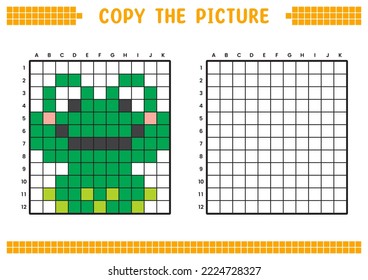 Copy the picture  complete the grid image  Educational worksheets drawing and squares  coloring cell areas  Preschool activities  children's games  Cartoon vector illustration  pixel art  Green frog 