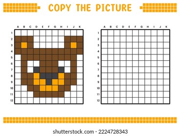 Copy the picture, complete the grid image. Educational worksheets drawing with squares, coloring areas. Preschool activities, children's games. Cartoon vector illustration, pixel art. Honey bear face.