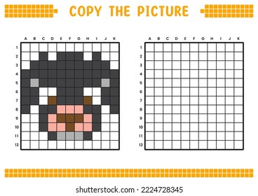 Kopieren Sie das Bild, vervollständigen Sie das Rasterbild. Bildungs-Arbeitsblätter zeichnen mit Quadraten, Farbräumen. Aktivitäten im Vorfeld, Kinderspiele. Cartoon, Vektorgrafik, Pixelkunst. Schwarzer Welpe.