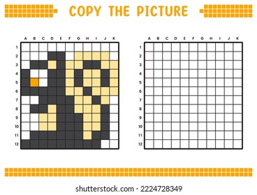 Copy the picture, complete the grid image. Educational worksheets drawing with squares, coloring cell areas. Preschool activities, children's games. Cartoon vector illustration, pixel art. Skunk.