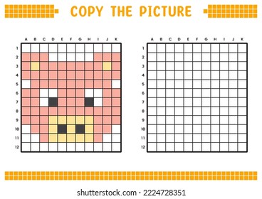 Copy the picture, complete the grid image. Educational worksheets drawing with squares, coloring cell areas. Preschool activities, children's games. Cartoon vector illustration, pixel art. Pig face.