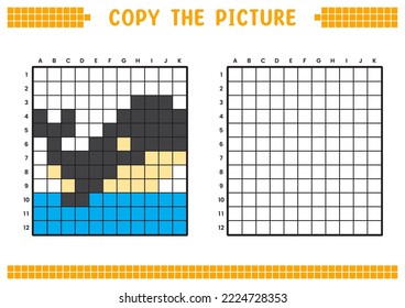 Copia la imagen, completa la imagen de la cuadrícula. Hojas de trabajo educativas dibujando con cuadrados, áreas de color. Actividades preescolares, juegos infantiles. Dibujo vectorial de dibujos animados, arte de píxeles. Ballena asesina.