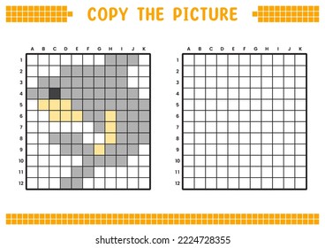 Copy the picture, complete the grid image. Educational worksheets drawing with squares, coloring cell areas. Preschool activities, children's games. Cartoon vector illustration, pixel art. Shark.