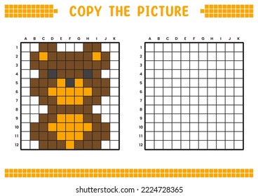 Copy the picture, complete the grid image. Educational worksheets drawing with squares, coloring cell areas. Preschool activities, children's games. Cartoon vector illustration, pixel art. Brown bear.