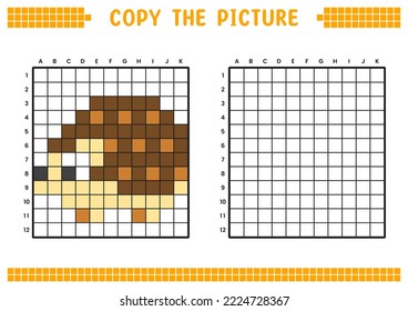 Kopieren Sie das Bild, vervollständigen Sie das Rasterbild. Bildungs-Arbeitsblätter zeichnen mit Quadraten, färben Zellbereiche. Aktivitäten im Vorfeld, Kinderspiele. Cartoon, Vektorgrafik, Pixelkunst. Hedgehog.