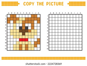 Copy the picture, complete the grid image. Educational worksheets drawing with squares, coloring cell areas. Preschool activities, children's games. Cartoon vector illustration, pixel art. Puppy.