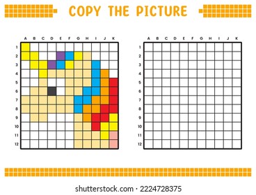 Copy the picture, complete the grid image. Educational worksheets drawing with squares, coloring areas. Preschool activities, children's games. Cartoon vector illustration, pixel art. Rainbow unicorn.