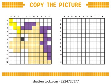 Copy the picture, complete the grid image. Educational worksheets drawing with squares, coloring areas. Preschool activities, children's games. Cartoon vector illustration, pixel art. Purple unicorn.