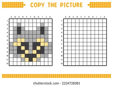 Copy the picture, complete the grid image. Educational worksheets drawing with squares, coloring areas. Preschool activities, children's games. Cartoon vector illustration, pixel art. Raccoon face.