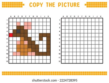 Copy the picture, complete the grid image. Educational worksheets drawing with squares, coloring cell areas. Preschool activities, children's games. Cartoon vector illustration, pixel art. Brown rat.