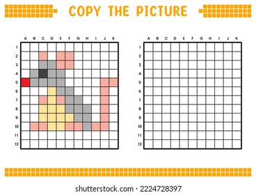 Copy the picture, complete the grid image. Educational worksheets drawing with squares, coloring cell areas. Preschool activities, children's games. Cartoon vector illustration, pixel art. Grey mouse.