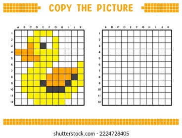 Copy the picture, complete the grid image. Educational worksheets drawing with squares, coloring areas. Preschool activities, children's games. Cartoon vector illustration, pixel art. Yellow duck.