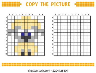 Copy the picture, complete the grid image. Educational worksheets drawing with squares, coloring cell areas. Preschool activities, children's games. Cartoon vector illustration, pixel art. Baby sheep.