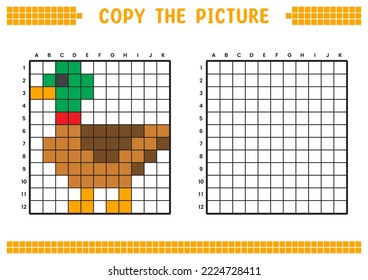 Copia la imagen, completa la imagen de la cuadrícula. Hojas de trabajo educativas dibujando con cuadrados, áreas de color. Actividades preescolares, juegos infantiles. Ilustración vectorial de dibujos animados, arte de píxeles, pato mallard.