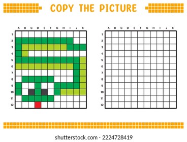 Copy the picture, complete the grid image. Educational worksheets drawing with squares, coloring areas. Preschool activities, children's games. Cartoon vector illustration, pixel art. Green anaconda.