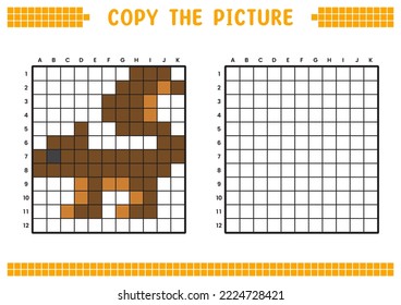 Copy the picture, complete the grid image. Educational worksheets drawing with squares, coloring areas. Preschool activities, children's games. Cartoon vector illustration, pixel art. Brown squirrel.