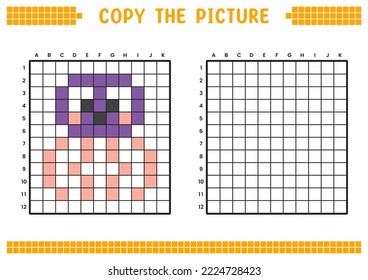 Copy the picture, complete the grid image. Educational worksheets drawing with squares, coloring areas. Preschool activities, children's games. Cartoon vector illustration, pixel art. Cute jellyfish.