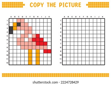 Copy the picture, complete the grid image. Educational worksheets drawing with squares, coloring cell areas. Preschool activities, children's games. Cartoon vector illustration, pixel art. Flamingo.