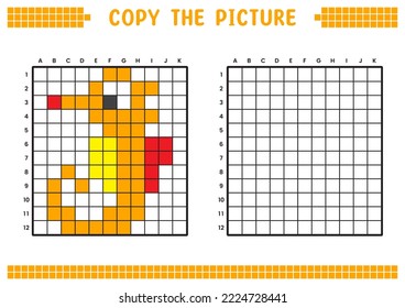 Copia la imagen, completa la imagen de la cuadrícula. Hojas de trabajo educativas dibujando con cuadrados, coloreando áreas celulares. Actividades preescolares, juegos infantiles. Ilustración vectorial de dibujos animados, arte de píxeles, caballitos de mar.