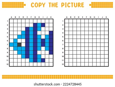Copy the picture, complete the grid image. Educational worksheets drawing with squares, coloring cell areas. Preschool activities, children's games. Cartoon vector illustration, pixel art. Blue fish.