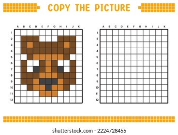 Copy the picture, complete the grid image. Educational worksheets drawing with squares, coloring areas. Preschool activities, children's games. Cartoon vector illustration, pixel art. Brown bear face.