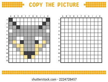 Copy the picture, complete the grid image. Educational worksheets drawing with squares, coloring cell areas. Preschool activities, children's games. Cartoon vector illustration, pixel art. Wolf face.