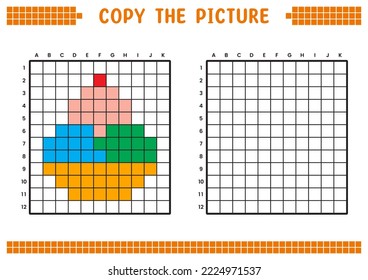 Copy the picture, complete the grid image. Educational worksheets drawing with squares, coloring areas. Preschool activities, children's games. Cartoon vector illustration, pixel art. Ice cream bowl.