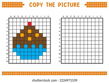 Copy the picture, complete the grid image. Educational worksheets drawing with squares, coloring areas. Preschool activities, children's games. Cartoon vector illustration, pixel art. Ice cream bowl.