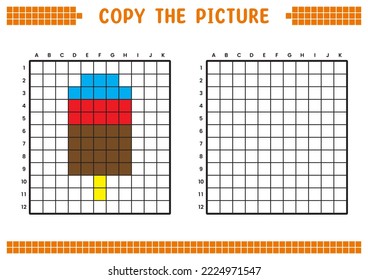 Copy the picture, complete the grid image. Educational worksheets drawing with squares, coloring cell areas. Preschool activities, children's games. Cartoon vector illustration, pixel art. Ice cream.