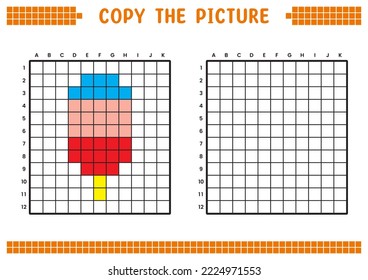 Copy the picture, complete the grid image. Educational worksheets drawing with squares, coloring cell areas. Preschool activities, children's games. Cartoon vector illustration, pixel art. Ice cream.