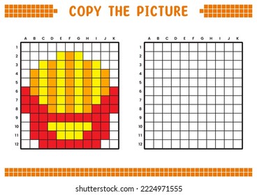 Copy the picture, complete the grid image. Educational worksheets drawing with squares, coloring areas. Preschool activities, children's games. Cartoon vector illustration, pixel art. French fries.