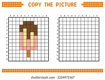 Copy the picture, complete the grid image. Educational worksheets drawing with squares, coloring cell areas. Preschool activities, children's games. Cartoon vector illustration, pixel art. Ice cream.
