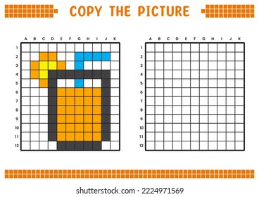 Copy the picture, complete the grid image. Educational worksheets drawing with squares, coloring areas. Preschool activities, children's games. Cartoon vector illustration, pixel art. Orange juice.