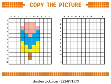 Copy the picture, complete the grid image. Educational worksheets drawing with squares, coloring cell areas. Preschool activities, children's games. Cartoon vector illustration, pixel art. Ice cream.