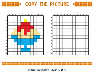 Copy the picture, complete the grid image. Educational worksheets drawing with squares, coloring cell areas. Preschool activities, children's games. Cartoon vector illustration, pixel art. Ice cream.