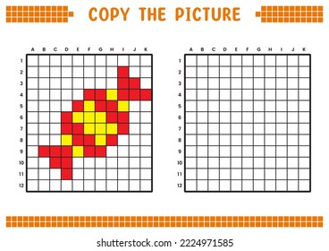 Copy the picture, complete the grid image. Educational worksheets drawing with squares, coloring cell areas. Preschool activities, children's games. Cartoon vector illustration, pixel art. Candy.