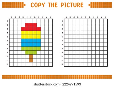 Copy the picture, complete the grid image. Educational worksheets drawing with squares, coloring cell areas. Preschool activities, children's games. Cartoon vector illustration, pixel art. Ice cream.