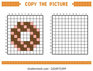 Copy the picture, complete the grid image. Educational worksheets drawing with squares, coloring cell areas. Preschool activities, children's games. Cartoon vector illustration, pixel art. Donuts.
