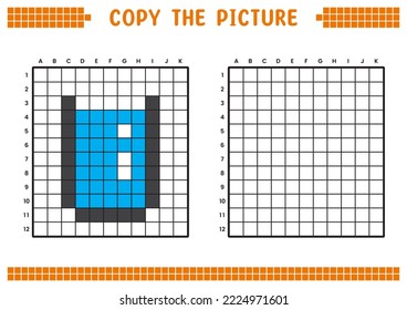 Copy the picture, complete the grid image. Educational worksheets drawing with squares, coloring areas. Preschool activities, children's games. Cartoon vector illustration, pixel art. Glass and water.