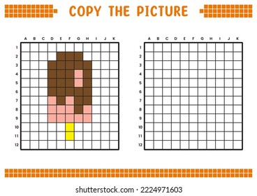 Copy the picture, complete the grid image. Educational worksheets drawing with squares, coloring cell areas. Preschool activities, children's games. Cartoon vector illustration, pixel art. Ice cream.