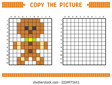 Copy the picture, complete the grid image. Educational worksheets drawing with squares, coloring areas. Preschool activities, children's games. Cartoon vector illustration, pixel art. Gingerbread.