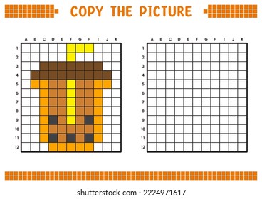 Copy the picture, complete the grid image. Educational worksheets drawing with squares, coloring areas. Preschool activities, children's games. Cartoon vector illustration, pixel art. Glass and Boba.