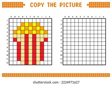 Copy the picture, complete the grid image. Educational worksheets drawing with squares, coloring cell areas. Preschool activities, children's games. Cartoon vector illustration, pixel art. Popcorn.