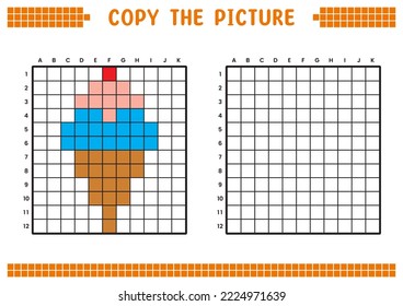 Copy the picture, complete the grid image. Educational worksheets drawing with squares, coloring areas. Preschool activities, children's games. Cartoon vector illustration, pixel art. Ice cream cone.
